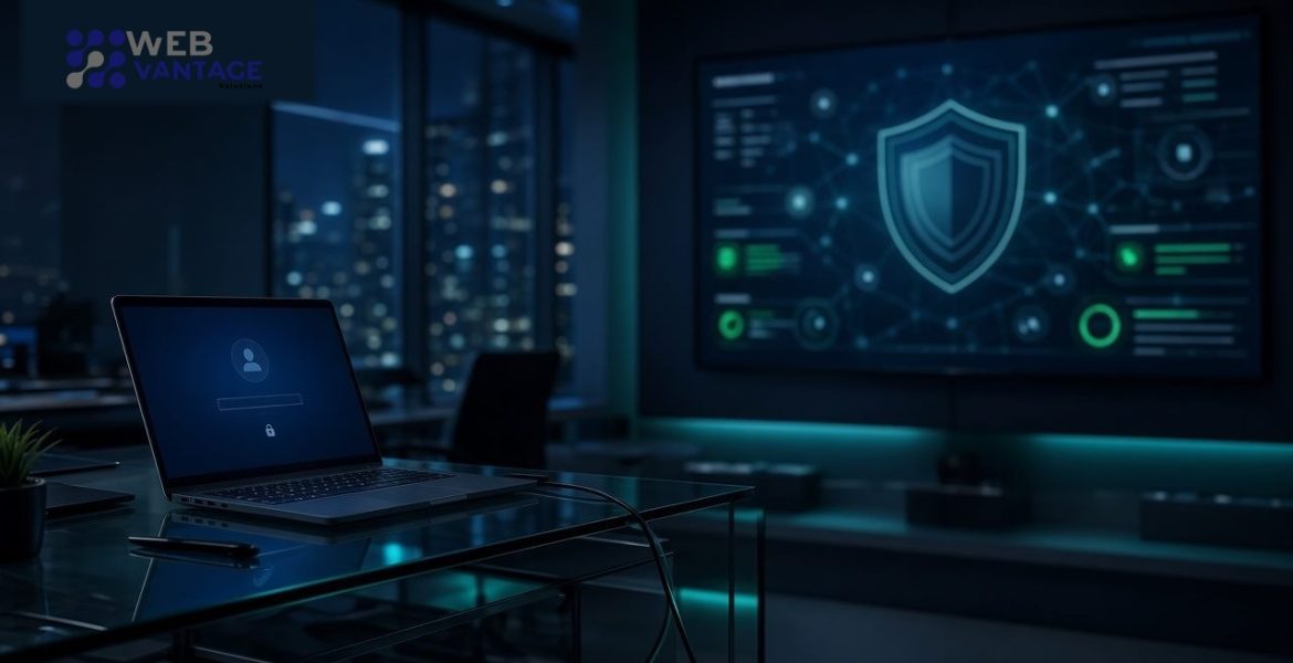 Overlooked business security risks in a modern office, with the official Web Vantage Solutions logo