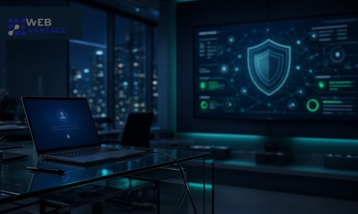Overlooked business security risks in a modern office, with the official Web Vantage Solutions logo