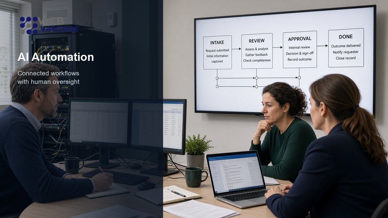 Office team reviewing a connected business workflow from intake through approval