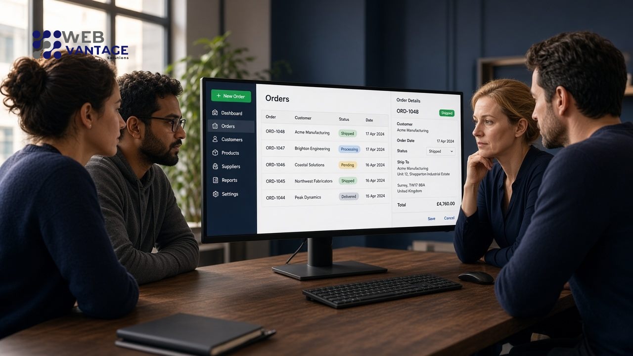Software specialists reviewing a custom business operations application on a wide monitor in a modern office