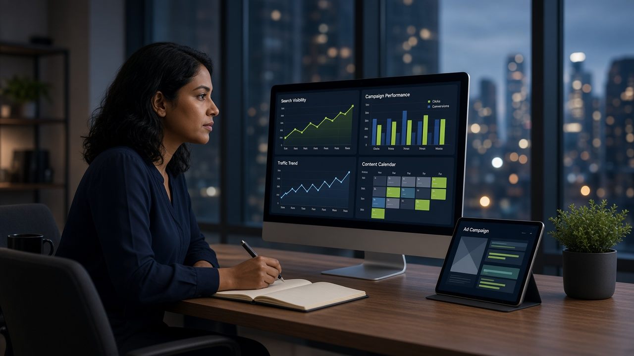 Marketing specialist reviewing search and campaign analytics on a desktop dashboard in a modern office