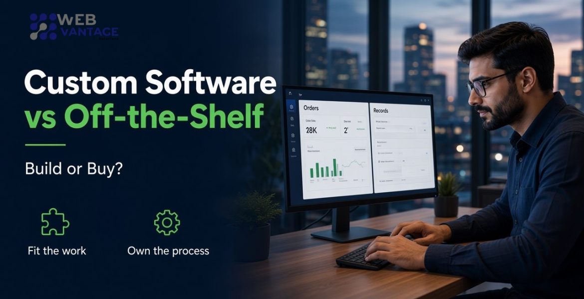 Article cover: Custom Software vs Off-the-Shelf, Build or Buy, with a professional reviewing business software