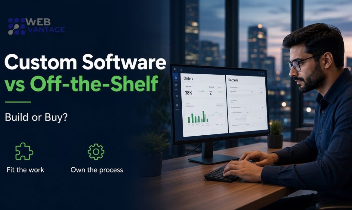 Article cover: Custom Software vs Off-the-Shelf, Build or Buy, with a professional reviewing business software