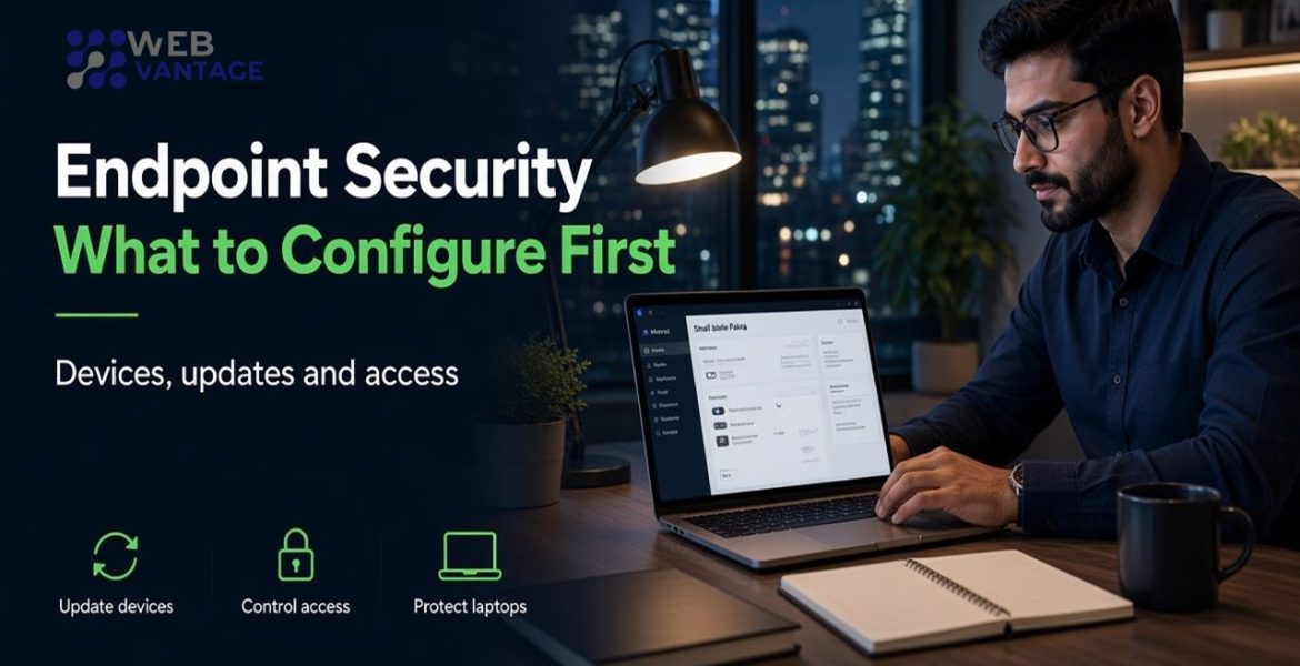 Endpoint security cover showing a laptop being configured and the headline Endpoint Security What to Configure First