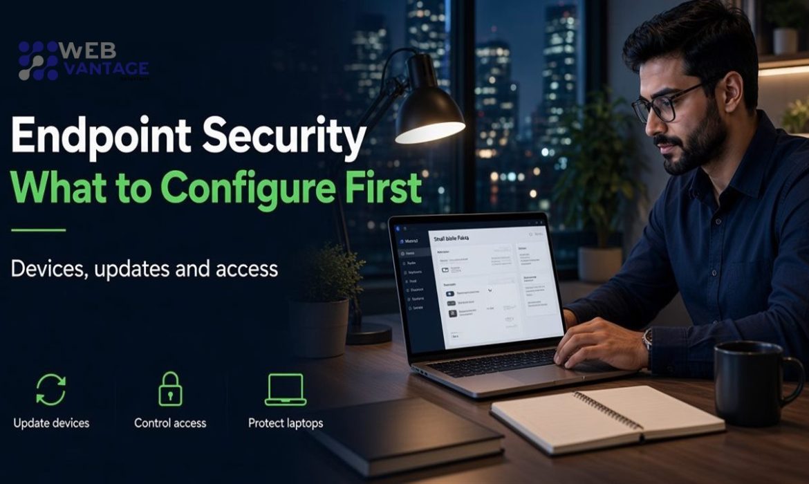 Endpoint security cover showing a laptop being configured and the headline Endpoint Security What to Configure First