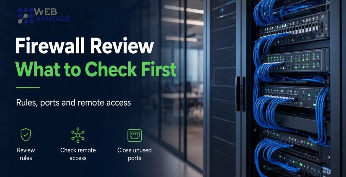 Firewall review cover showing a network cabinet and the headline Firewall Review What to Check First