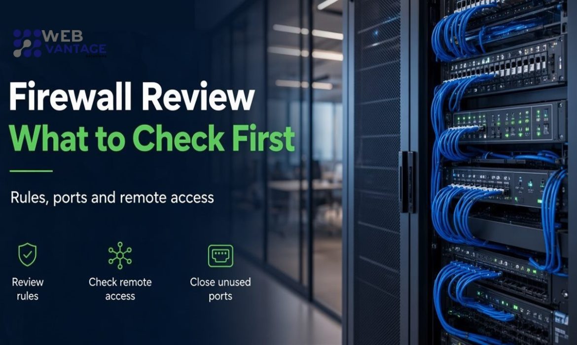 Firewall review cover showing a network cabinet and the headline Firewall Review What to Check First