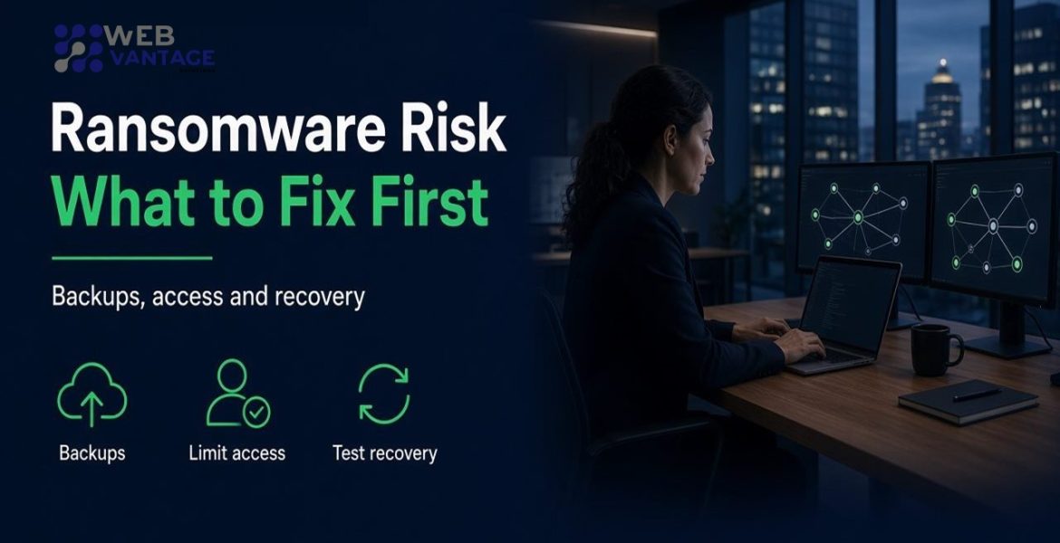 Ransomware risk cover showing a manager in a dark office and the headline Ransomware Risk What to Fix First