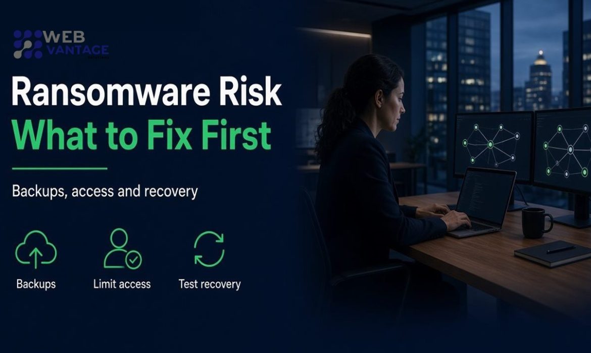 Ransomware risk cover showing a manager in a dark office and the headline Ransomware Risk What to Fix First
