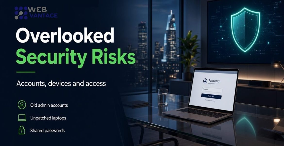 Overlooked security risks cover showing an office login screen and the headline Overlooked Security Risks
