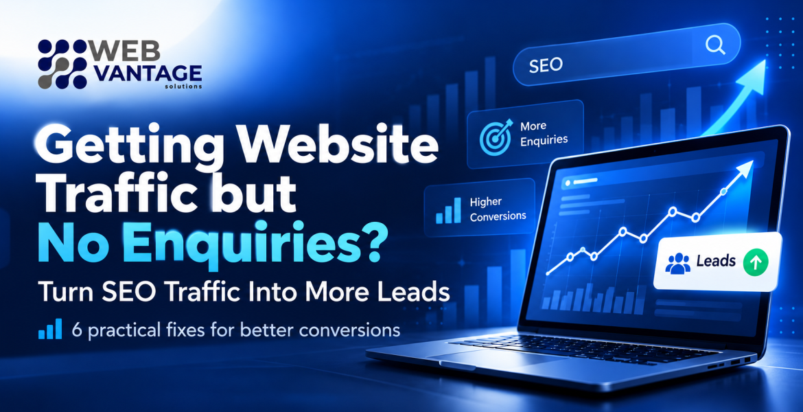 Web Vantage Solutions featured image showing SEO traffic analytics, lead generation, and website conversion optimisation.