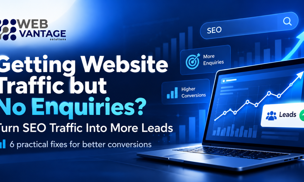 Web Vantage Solutions featured image showing SEO traffic analytics, lead generation, and website conversion optimisation.